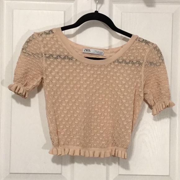 ZARA Textured Crop Ruffle Short Sleeve Sweater Top in Blush Pink sz S - EUC - Picture 5 of 11
